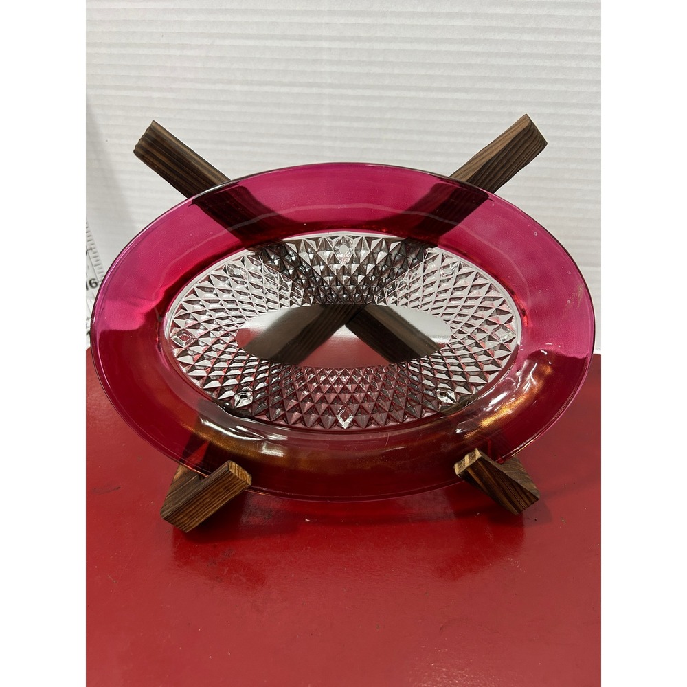 Unbranded Diamond Point Oval Bowl Cranberry Pink Flashed MCM Retro Deco